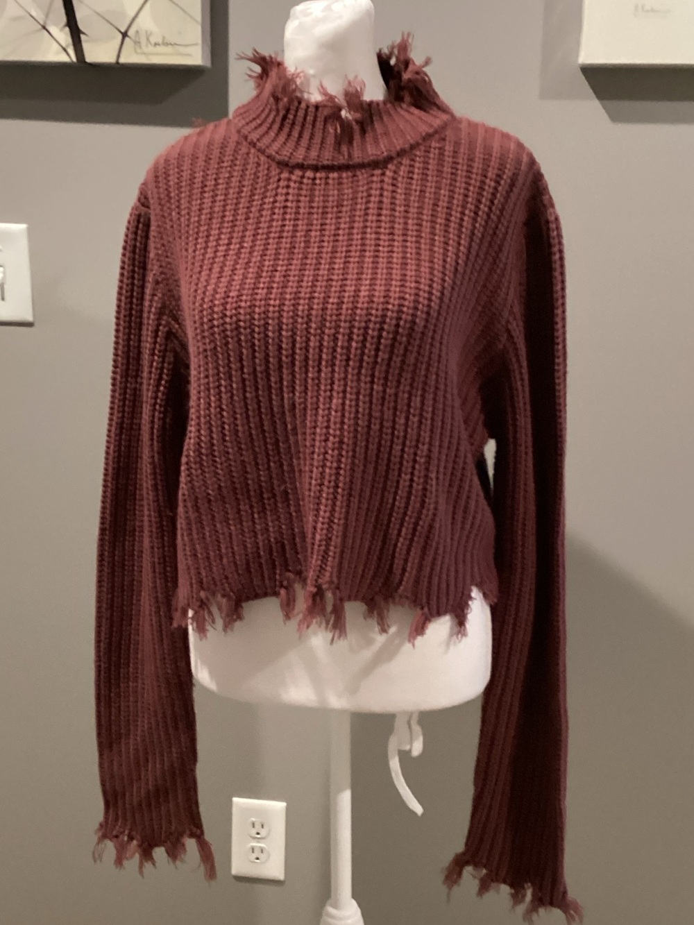 Love Tree Distressed Ribbed Cowl Neck Sweater - Rusty Rose Lg